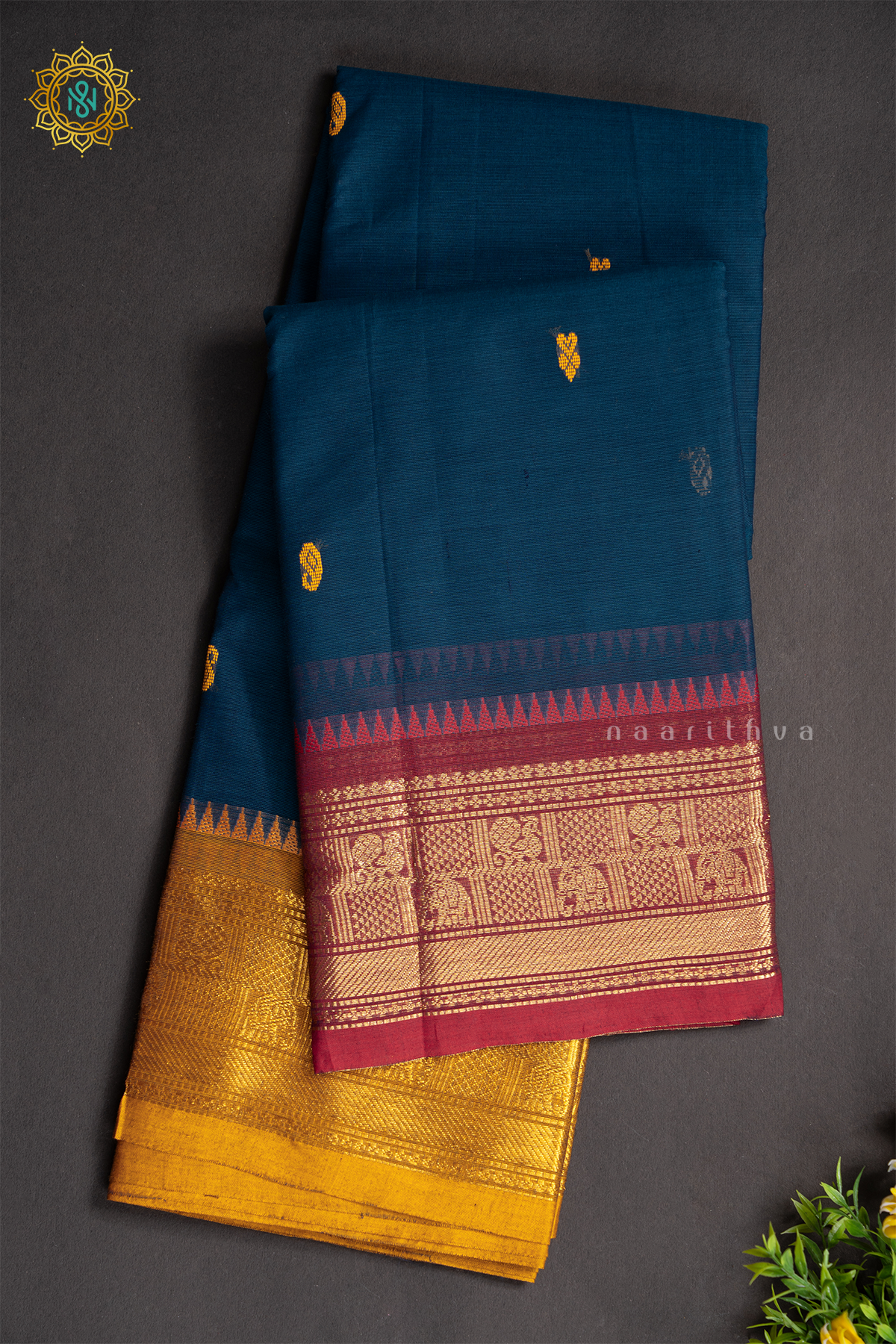 PEACOCK BLUE WITH MAROON & RED - CHETTINAD COTTON