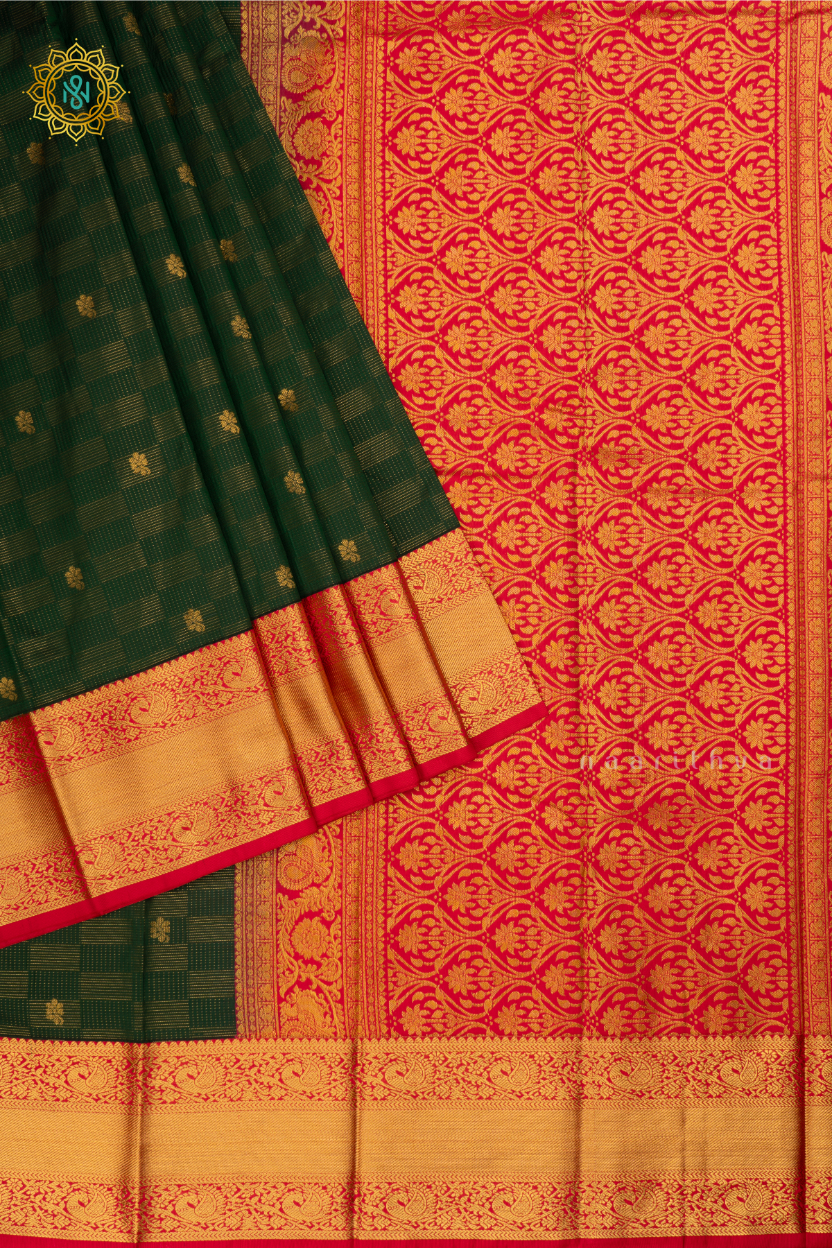 Bottle Green with Rani Pink Semi Kanchi Saree With Zari Buttas All Over And Contrast Zari Border