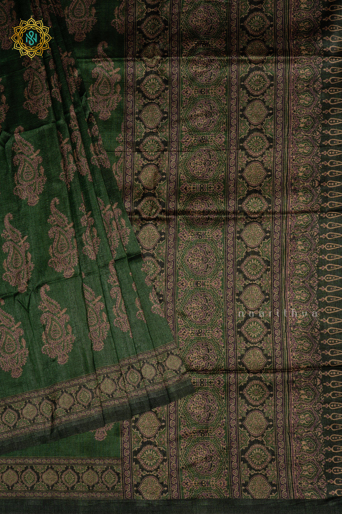 Green Semi Tussar Silk With Printed Body And Ajrakh Printed Pallu