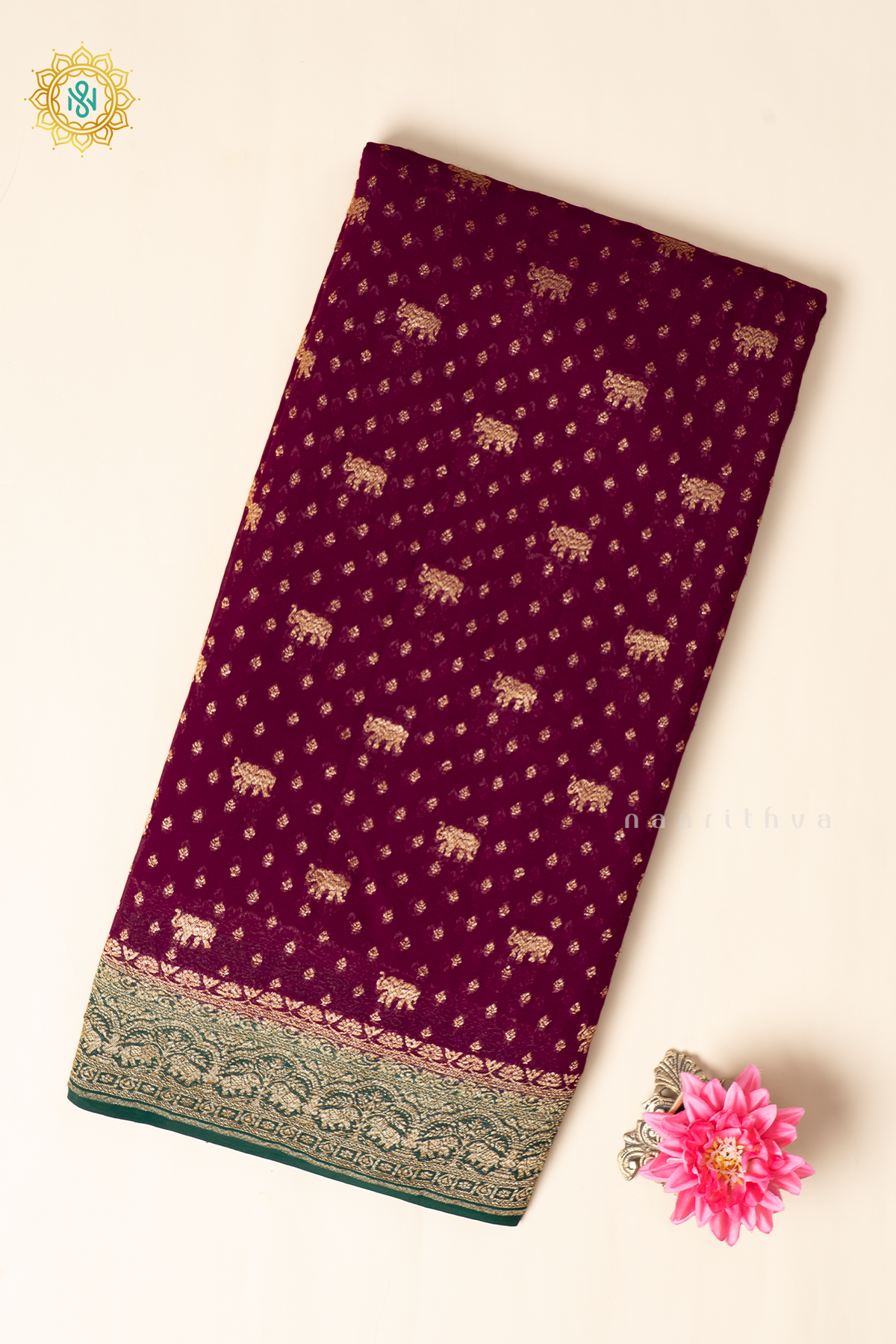 Wine With Green Pure Banarasi Khaddi Georgette Allover Antique Zari Buttas On The Body With Contrast Zari Border & Pallu