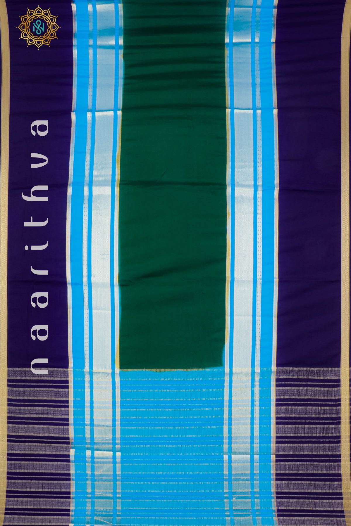 BOTTLE GREEN WITH SKY BLUE & NAVY BLUE - SEMI MYSORE CREPE SILK