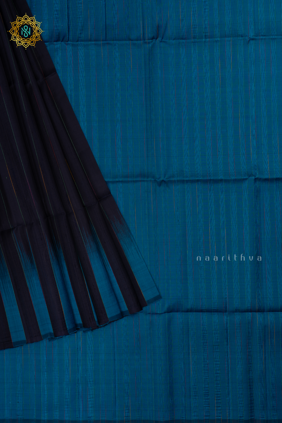 Navy Blue with Sky Blue Pure Kanjivaram Soft Silk Saree With Plain Body And Contrast Temple Rising Border, Pallu