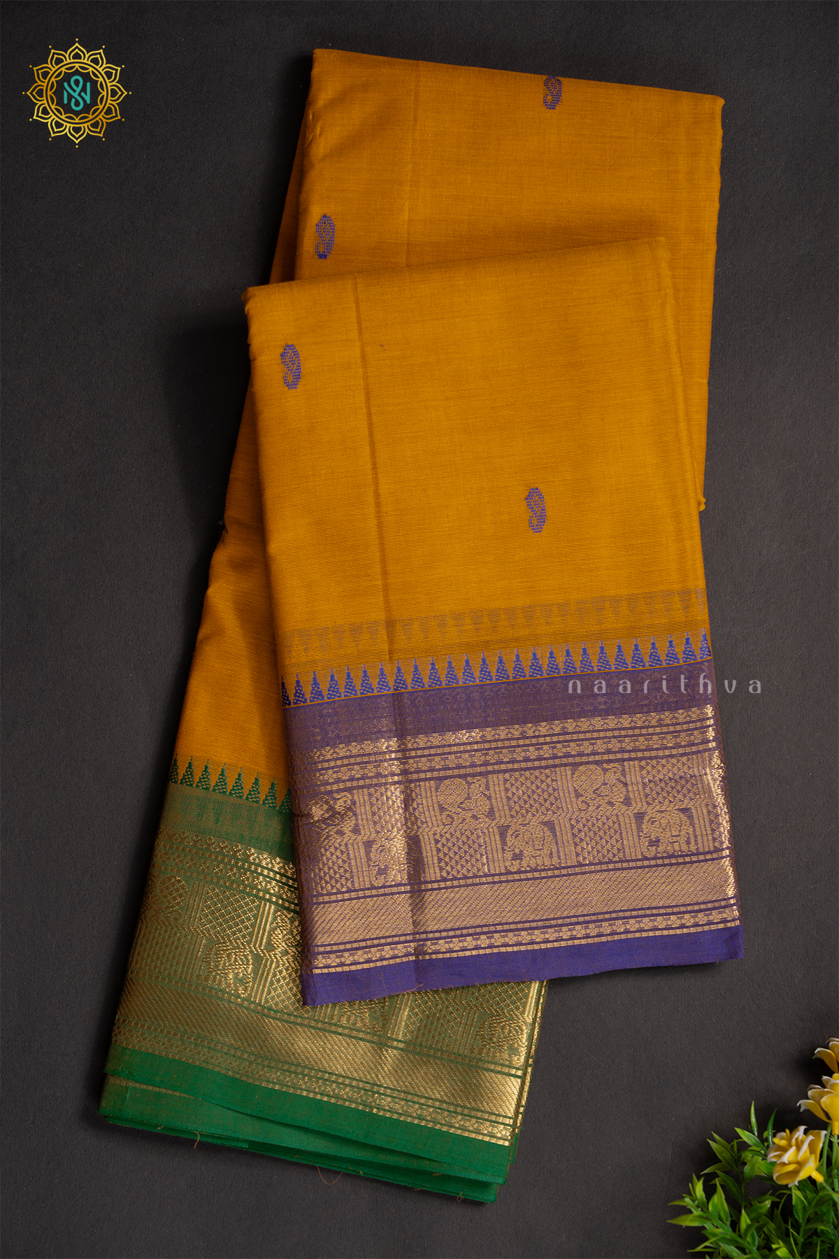 YELLOW WITH PURPLE & GREEN - CHETTINAD COTTON