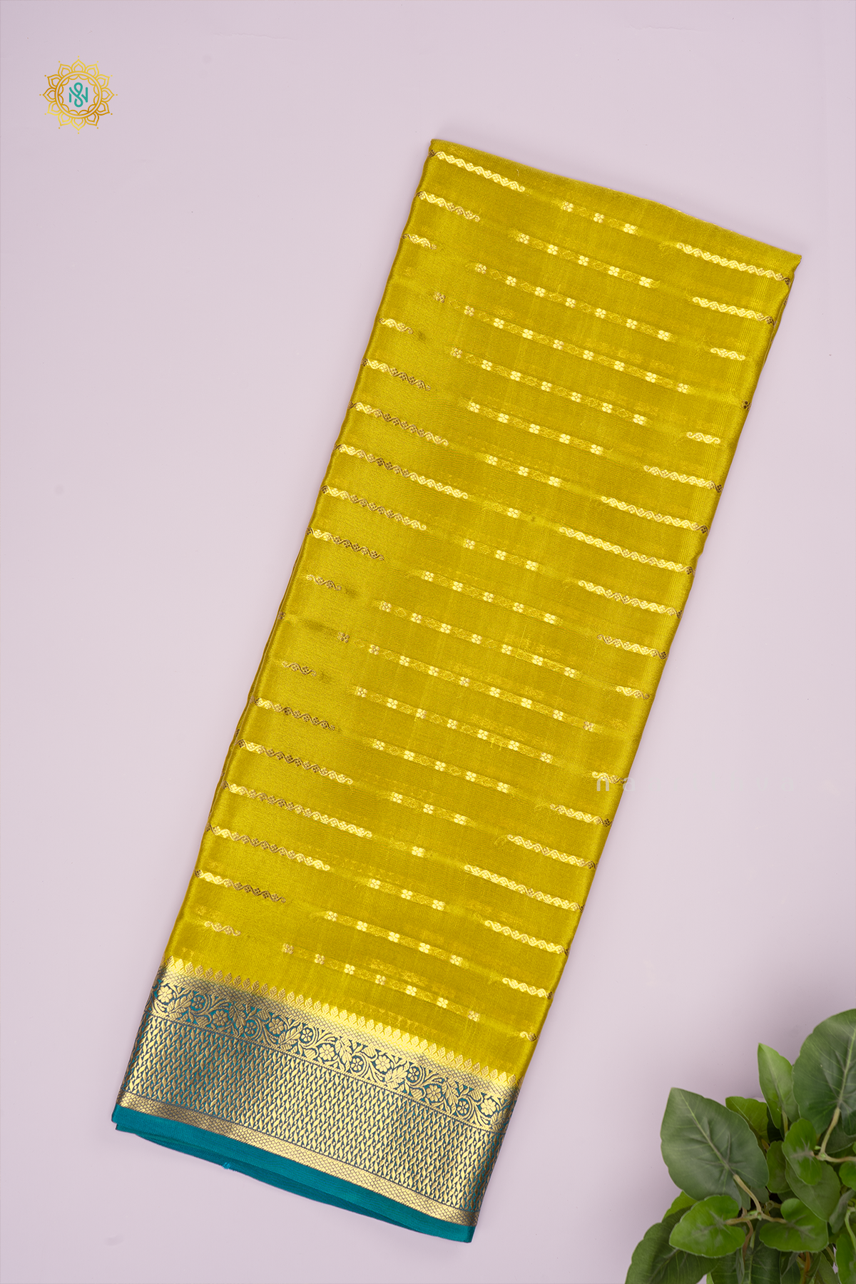 LIME GREEN WITH SKY BLUE - PURE MYSORE CREPE SILK