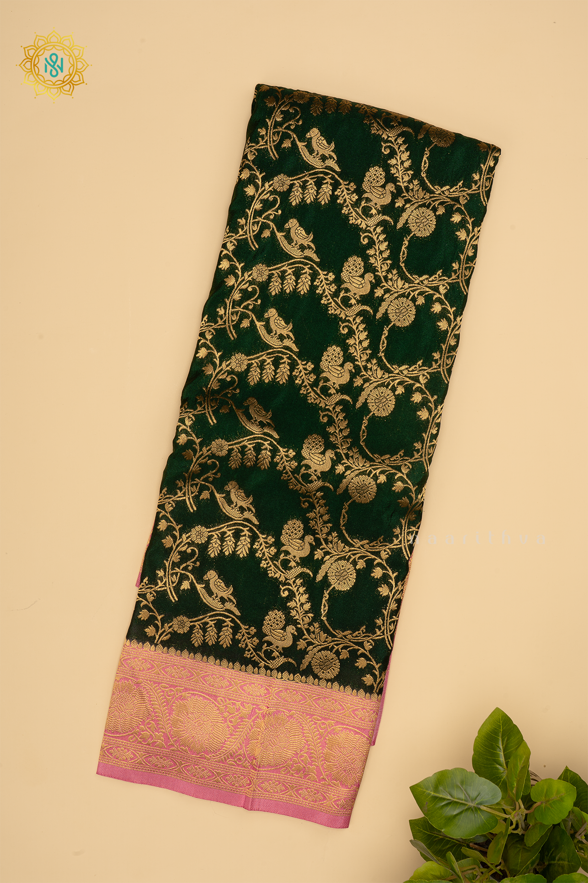 Bottle Green With Pink Semi Crepe Georgette Saree With Brocade Body And Contrast Zari Border