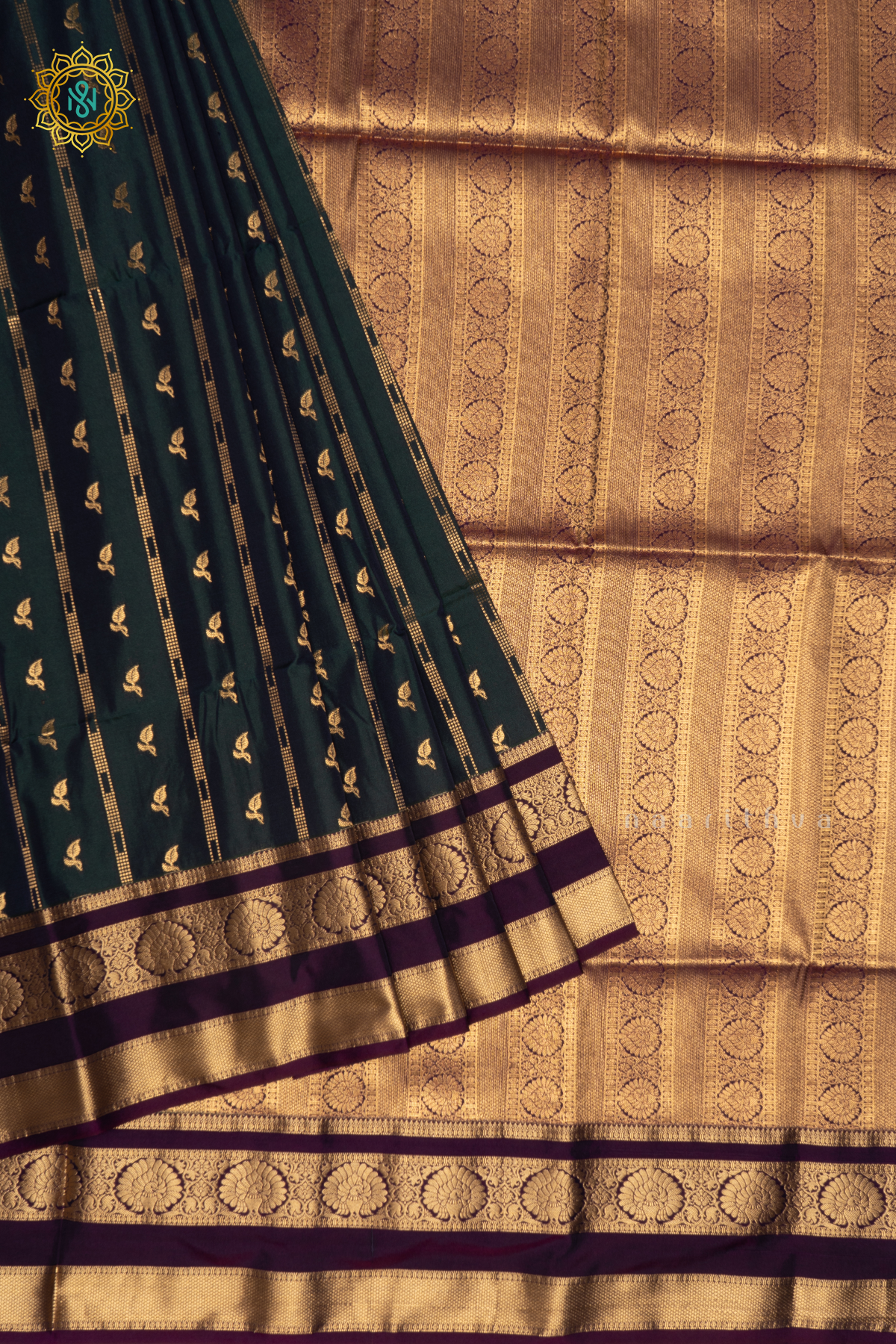 PEACOCK BLUE WITH PURPLE - SEMI KANCHI SAREE ALLOVER ZARI BUTTAS AND CONTRAST GAP BORDER