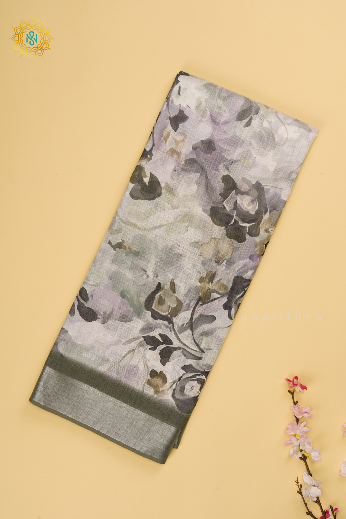 Green Linen By Cotton Saree With Floral Printed Body