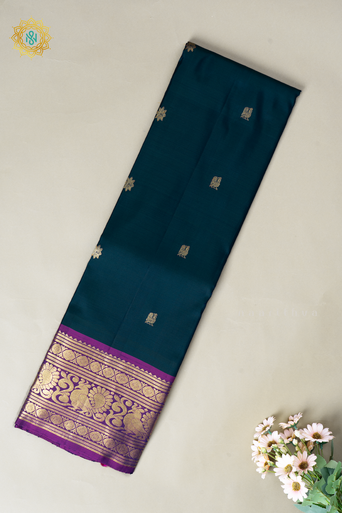 Peacock Blue With Magenta Pure Kanjivaram Silk Saree Zari Buttas On The Body With Contrast Zari Border & Pallu