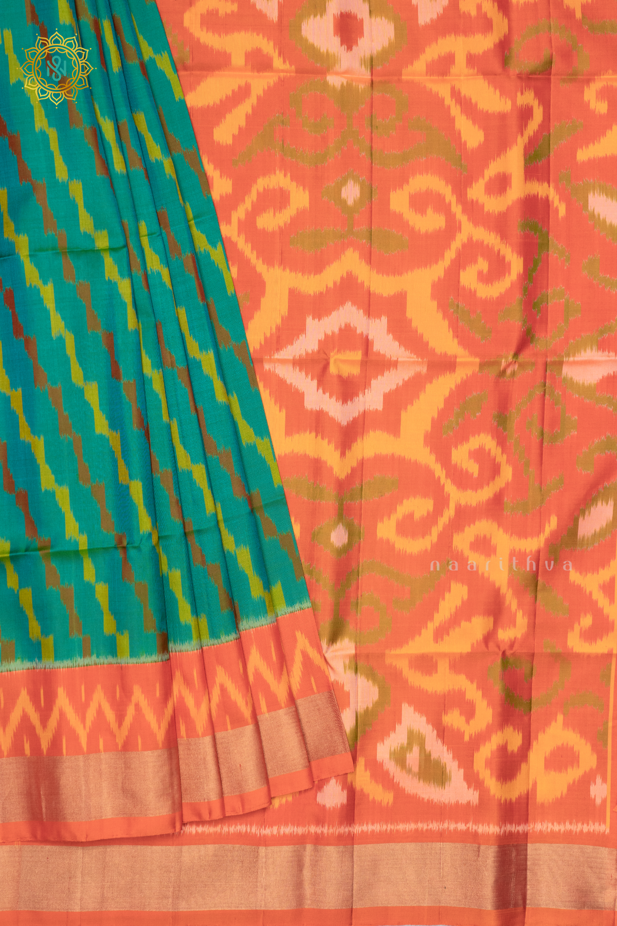 CYAN GREEN WITH ORANGE - PURE KANJIVARAM IKAT SOFT SILK