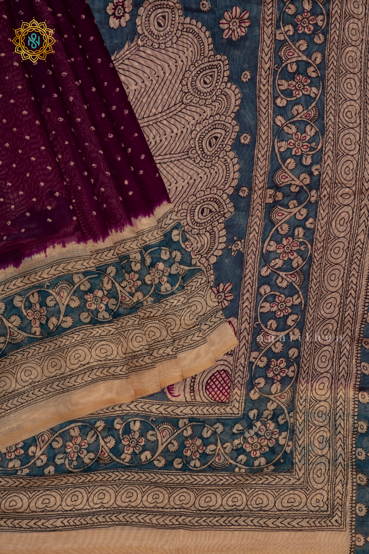WINE  WITH BLUE AND OFF WHITE - LINEN BY COTTON