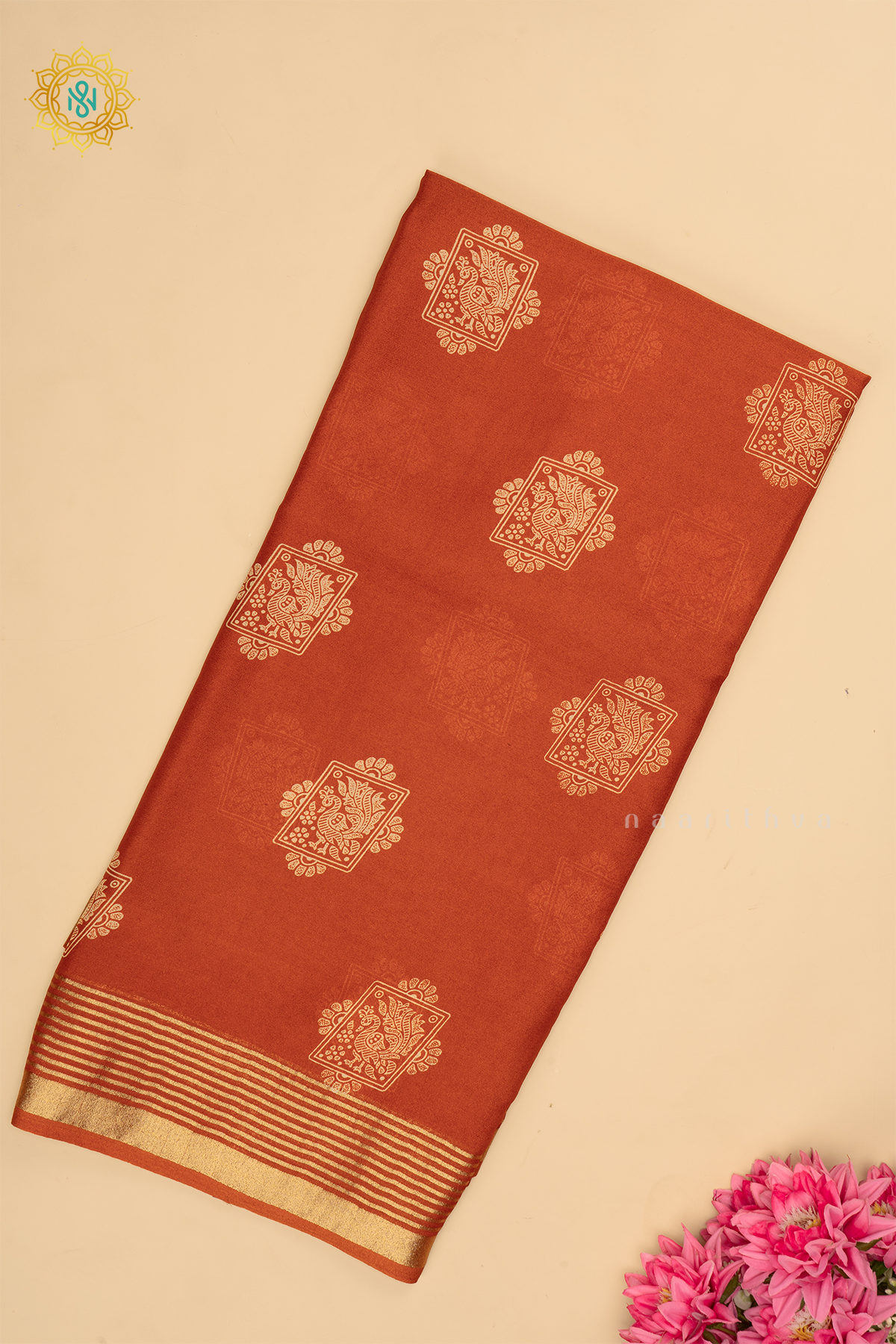Orange Chiffon Georgette Saree Printed Body With Zari Border