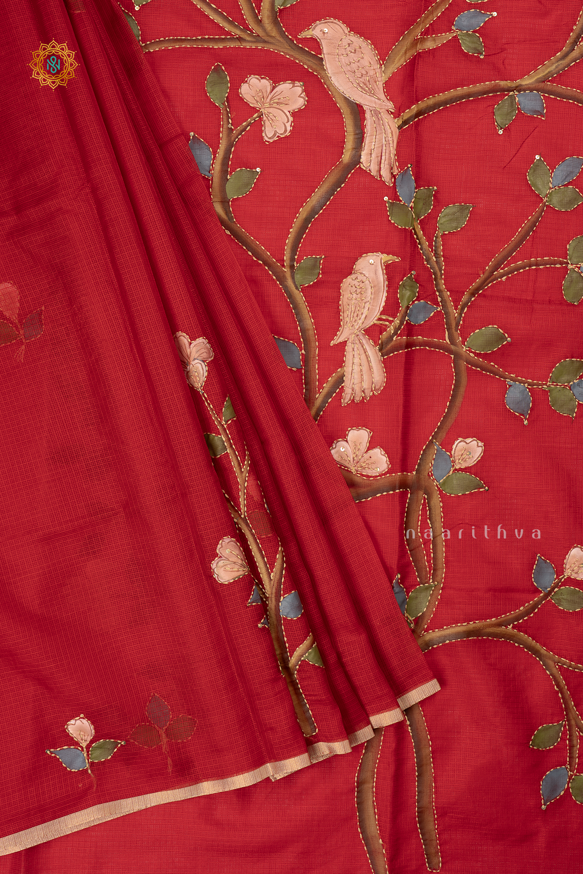 Red Kota Organza With Hand-Painted And Katha Work On The Body