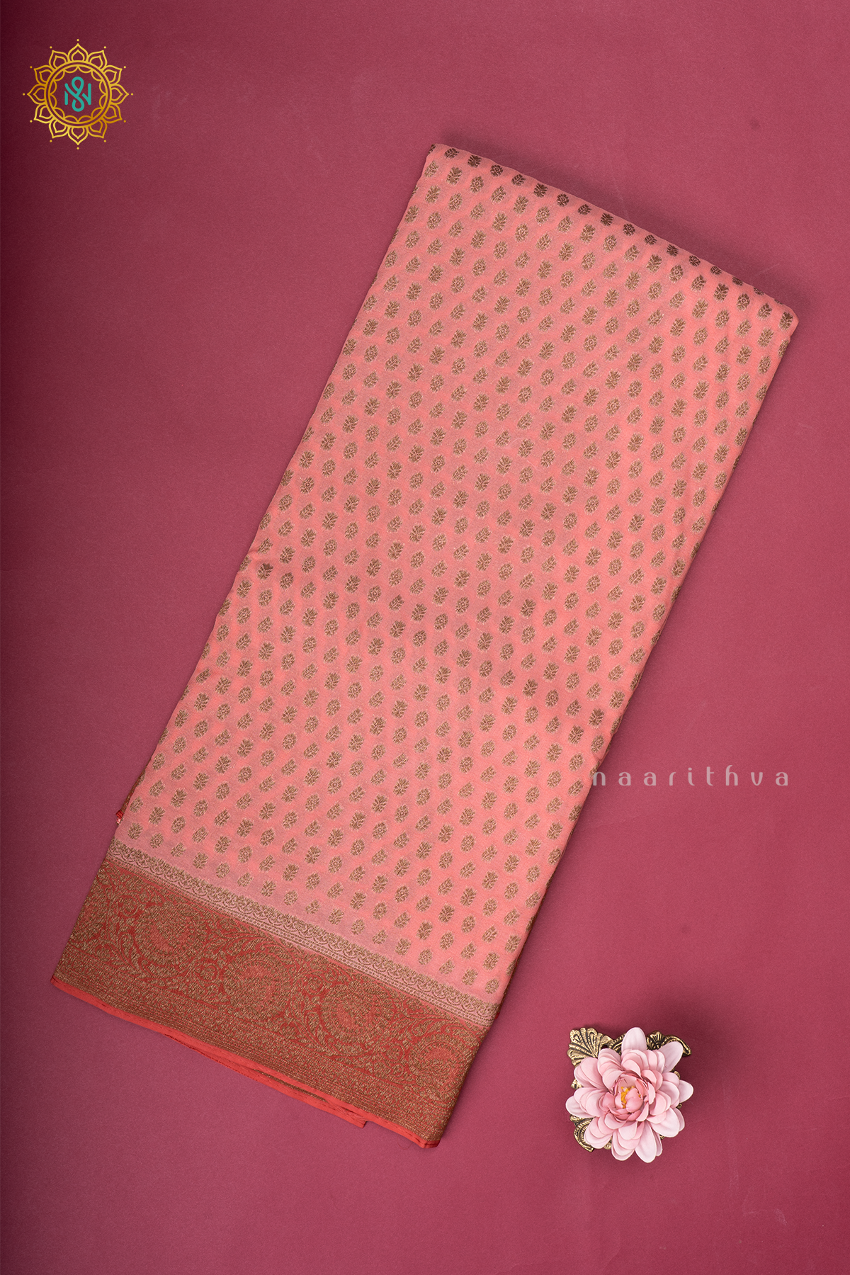 Dark Peach With Red Semi Banarasi Georgette Saree Allover Zari Buttas On The Body With Contrast Zari Border & Pallu
