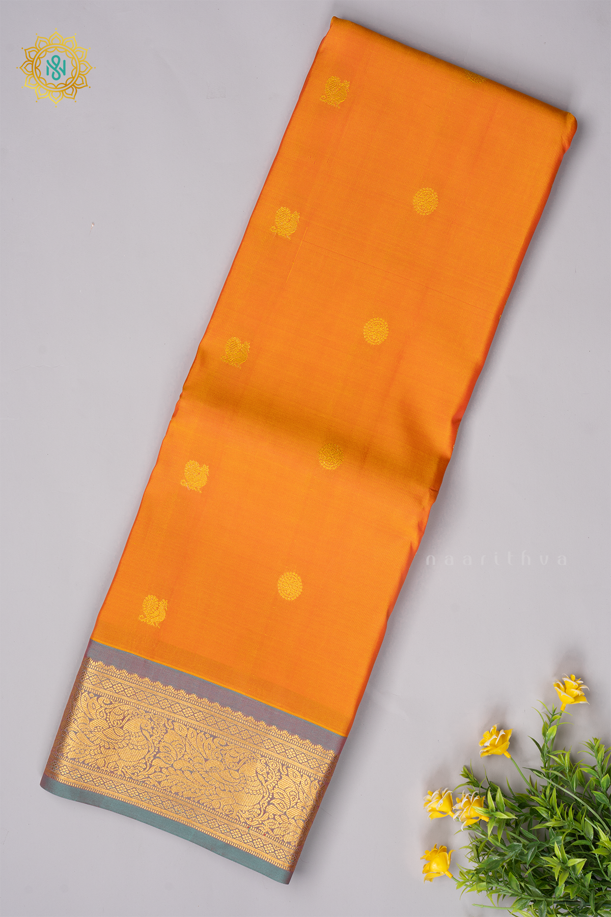 ORANGE WITH AQUA GREEN - KANJIVARAM PURE MIX