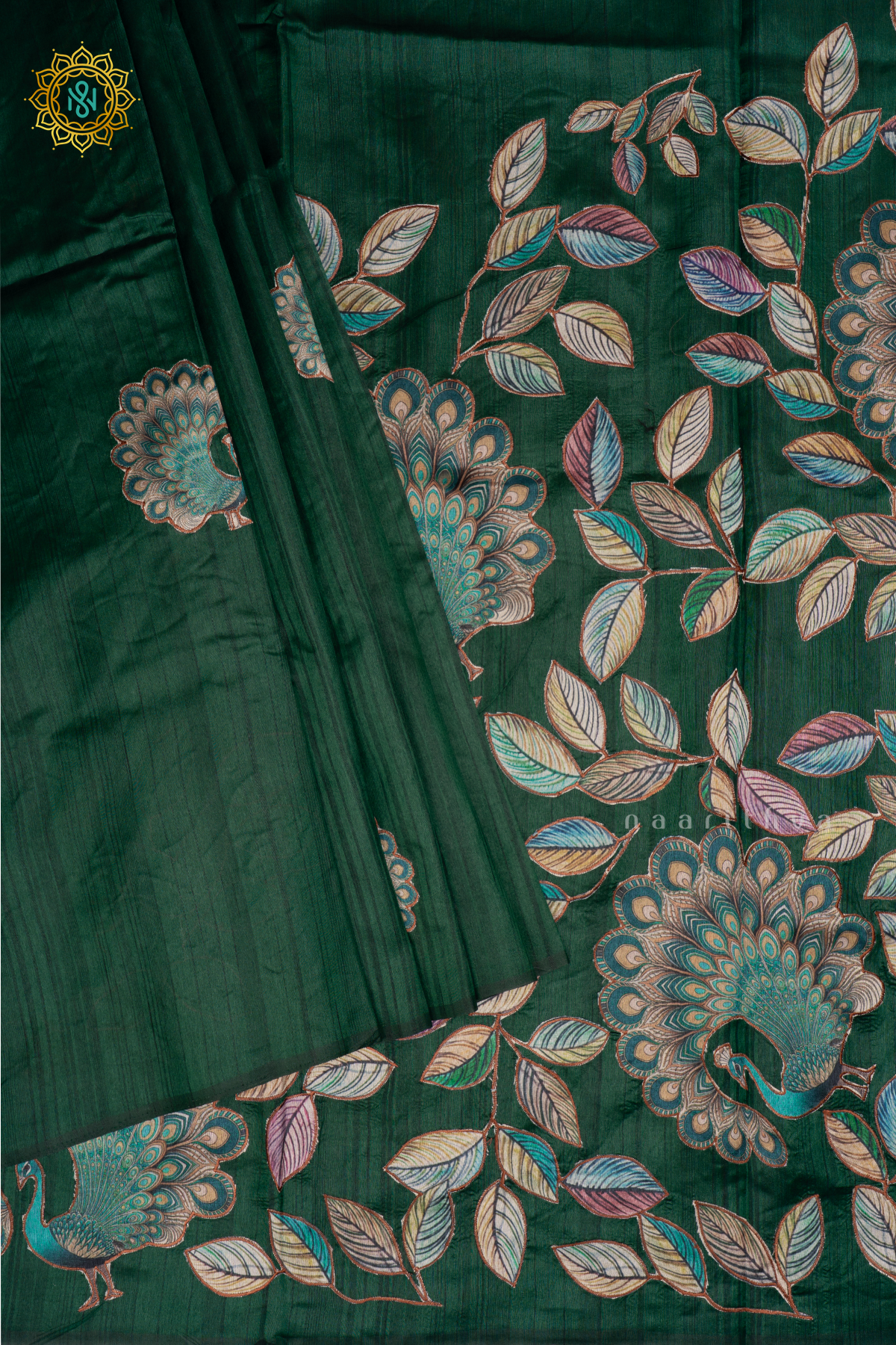 BOTTLE GREEN - SEMI TUSSAR SILK WITH APPLIQUE WORK