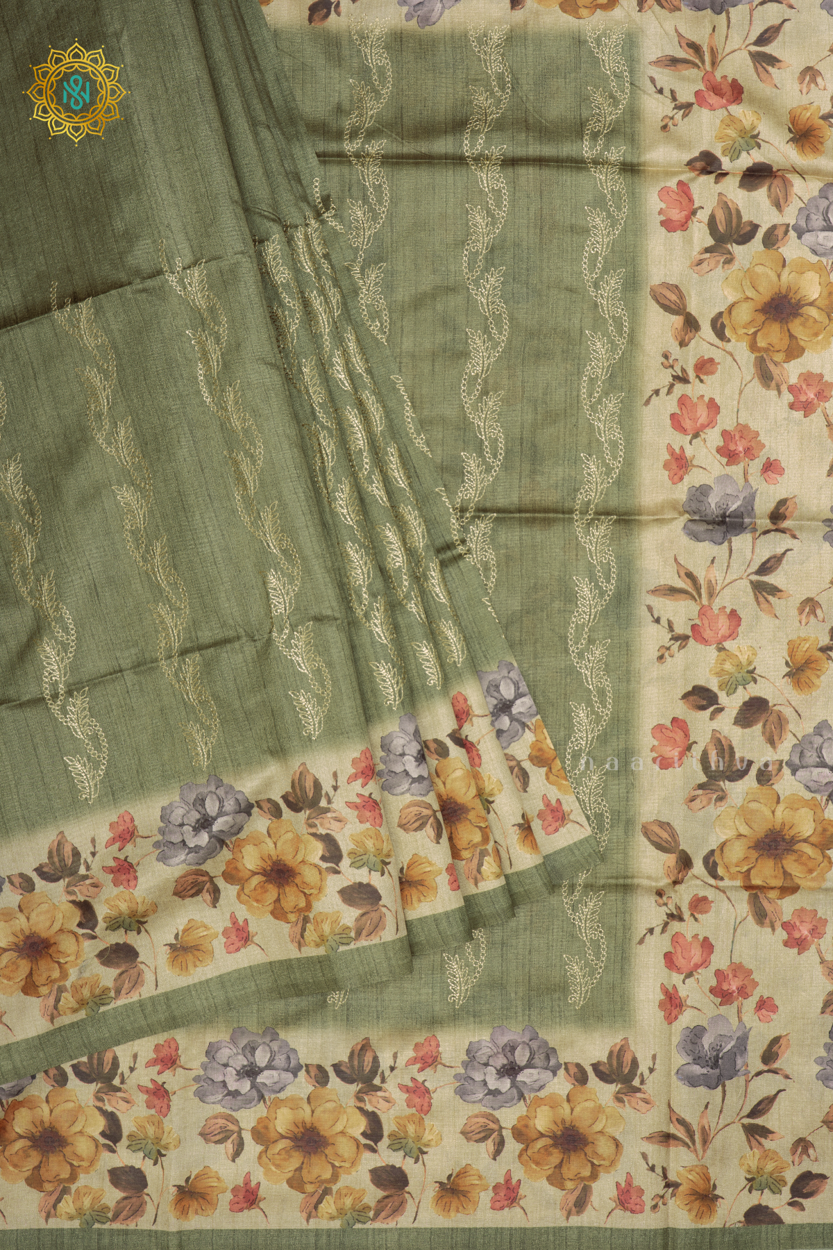 GREEN WITH BEIGE - SEMI TUSSAR SILK