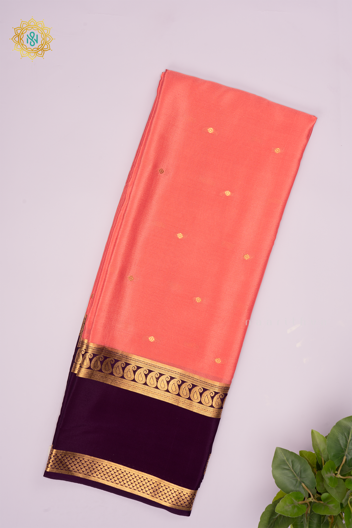 PEACHISH PINK WITH PURPLE - PURE MYSORE CREPE SILK