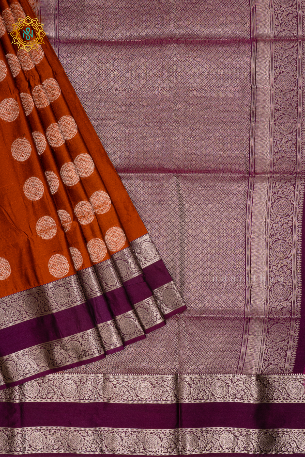 RUST ORANGE WITH PURPLE - SEMI SOFT SILK SAREE ALLOVER ZARI BUTTAS AND CONTRAST GAP BORDER