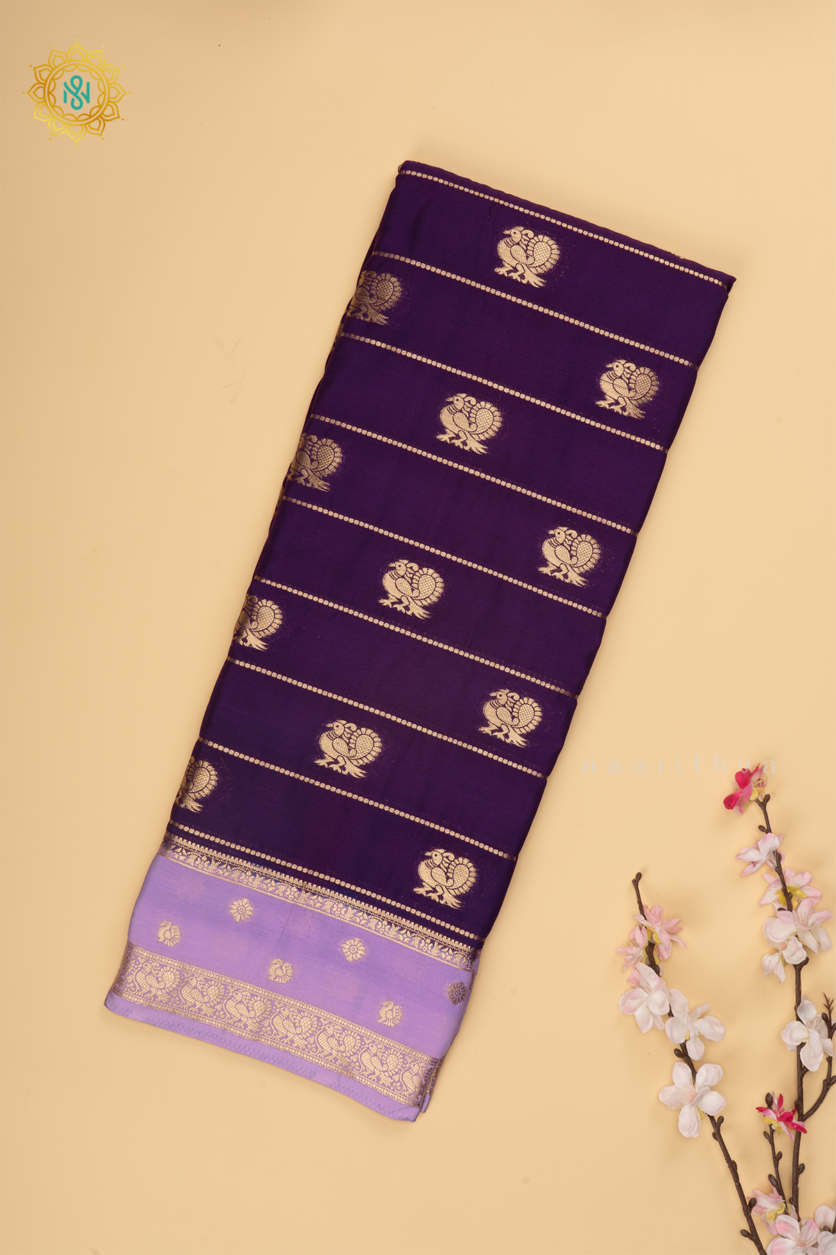 Purple with Lavender Semi Mysore Crepe Silk Saree with All-Over Zari Stripes and Zari Buttas on the Body and a Contrast Zari Border
