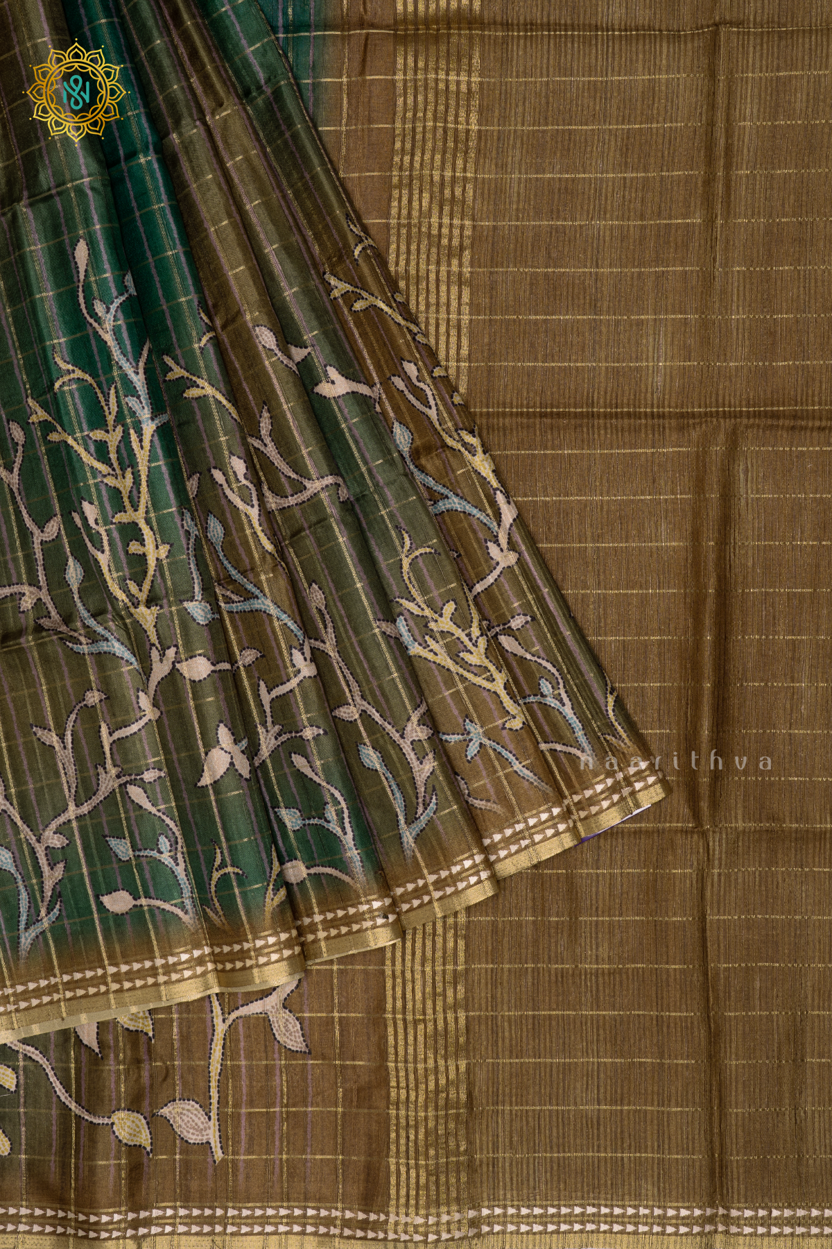 LIGHT OLIVE GREEN - KOTHA TUSSAR SAREE WITH PRINTED AND ZARI CHECKS BODY, THREAD WOVEN BORDER