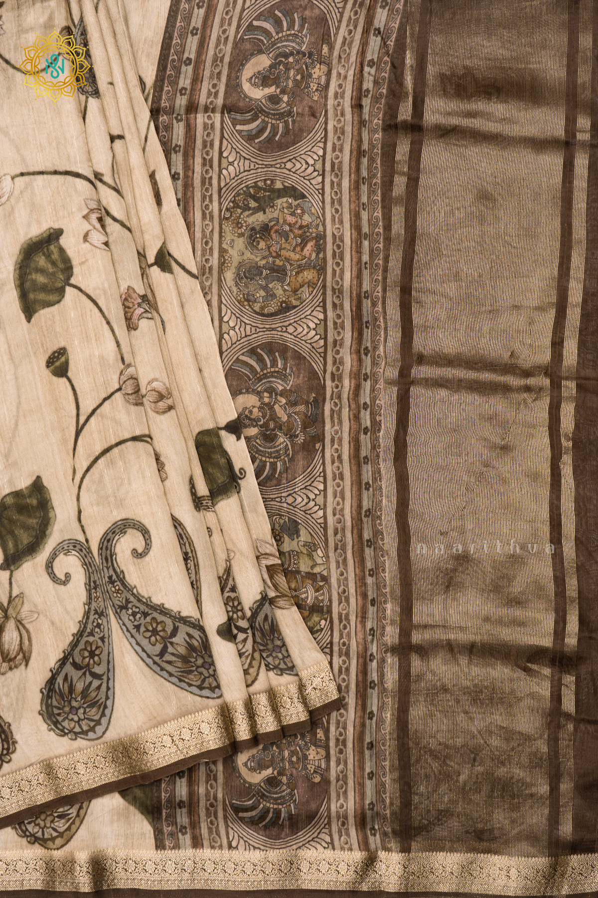 BEIGE WITH  BROWN - SEMI CREPE SILK