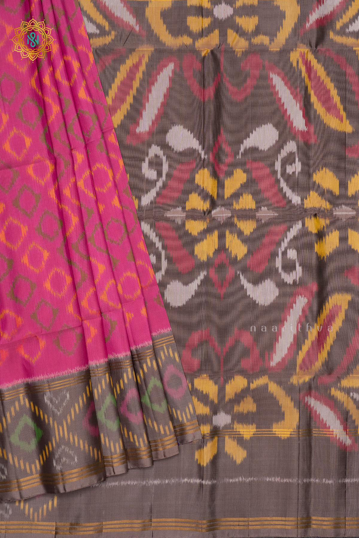 PINK EITH GREYISH BROWN - PURE KANJIVARAM IKAT SOFT SILK