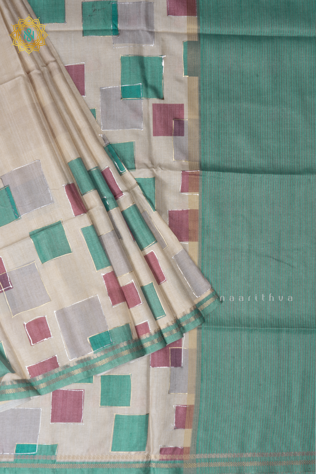 Off White With Aqua Green Semi Tussar Silk Saree With Allover Geometrical Prints On The Body With Contrast Pallu