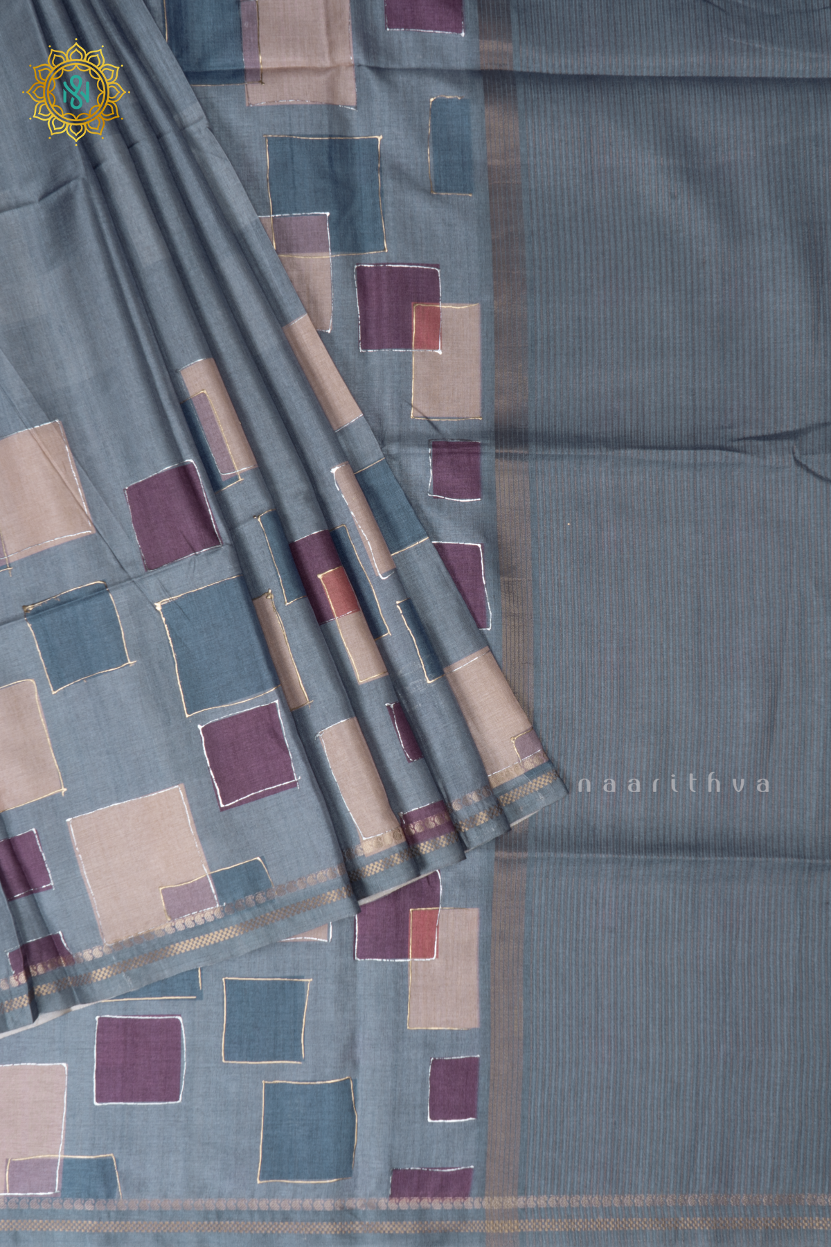 Elephant Grey Semi Tussar Silk Saree With Allover Geometrical Prints On The Body With Contrast Pallu