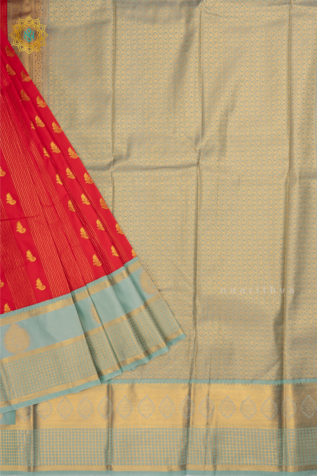 Red With Aqua Green Semi Kanchi Saree With Zari Buttas All Over And Contrast Zari Border