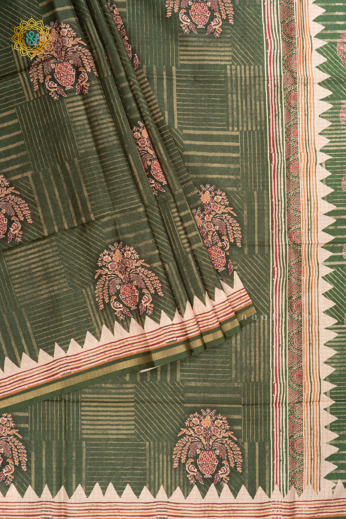 GREEN WITH OFF WHITE - SEMI TUSSAR SILK
