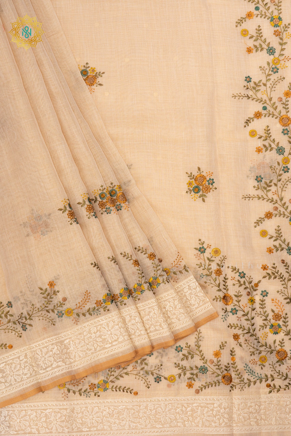 Off white Linen Tissue Saree with All-Over Embroidered Buttas on the Body, Featuring an Embroidery Border and Pallu