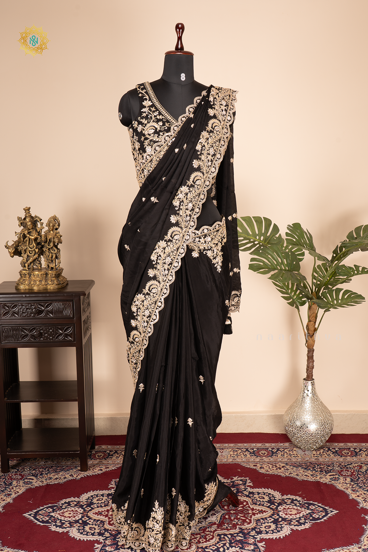 Black Chinnon Designer Wear Saree with Readymade Blouse