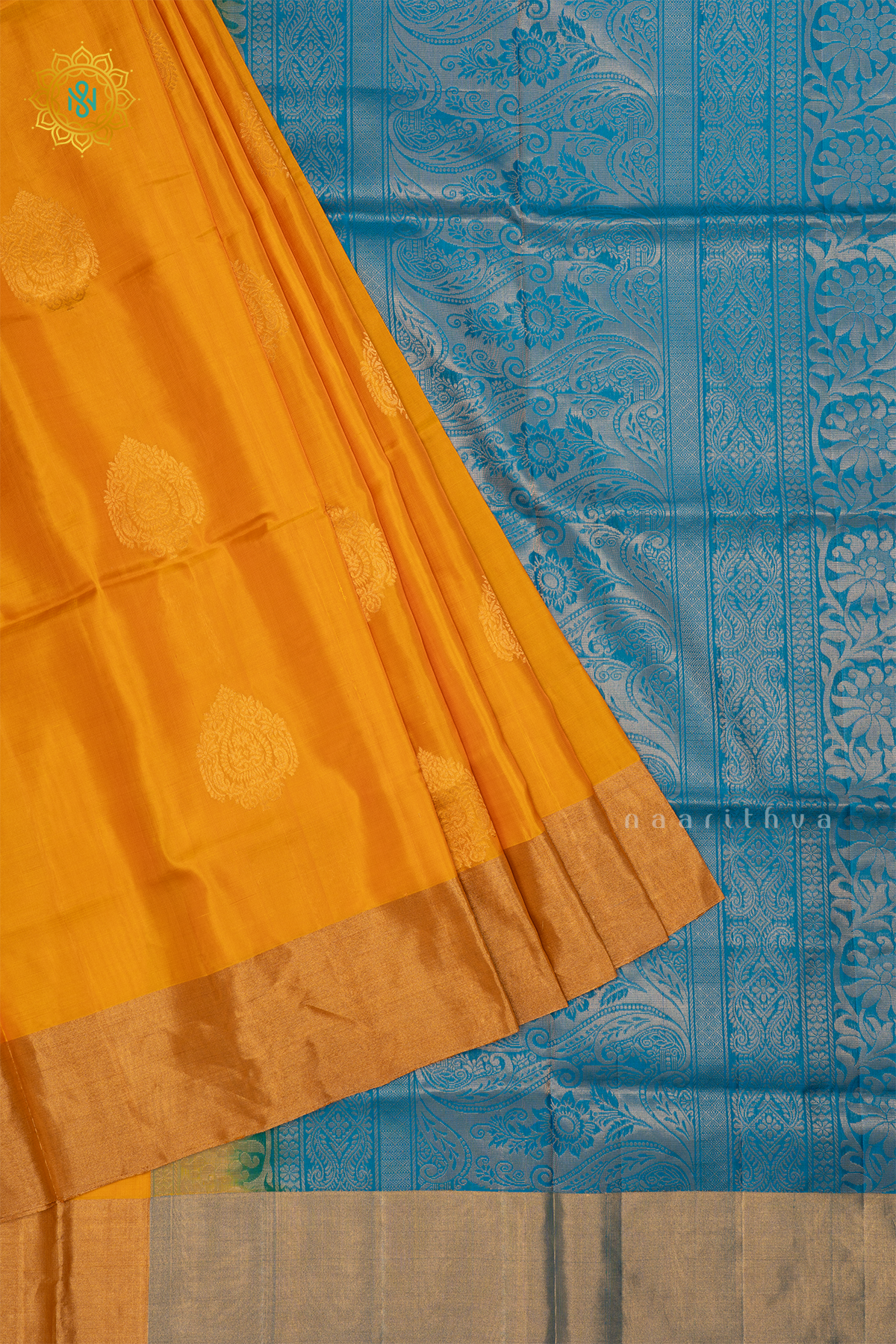 Yellow with Sky Blue Pure Mix Kanjivaram Soft Silk Saree with All-Over Zari Buttas and a Contrast Zari Border