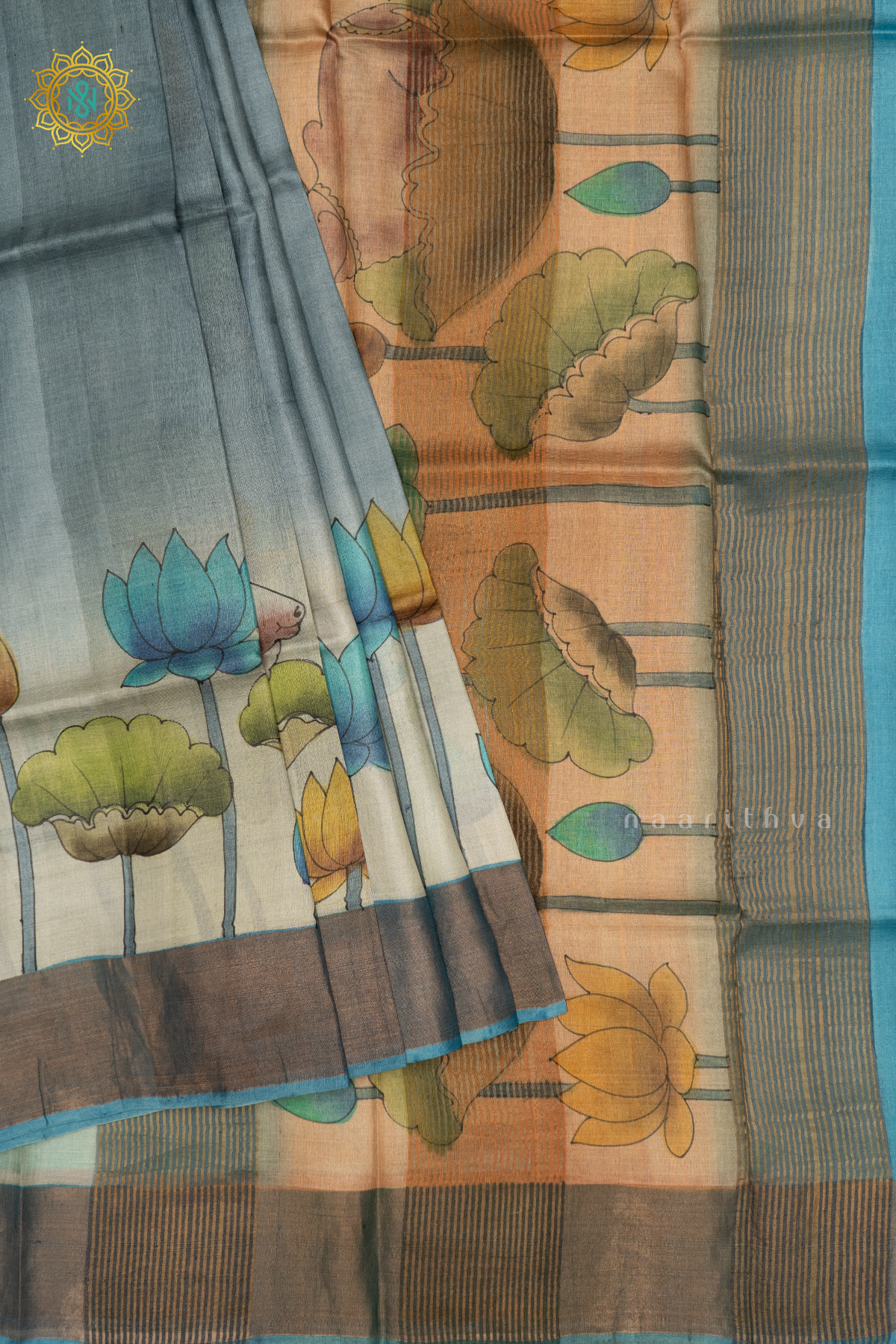 AQUA BLUE WITH SKY BLUE - PURE TUSSAR SILK