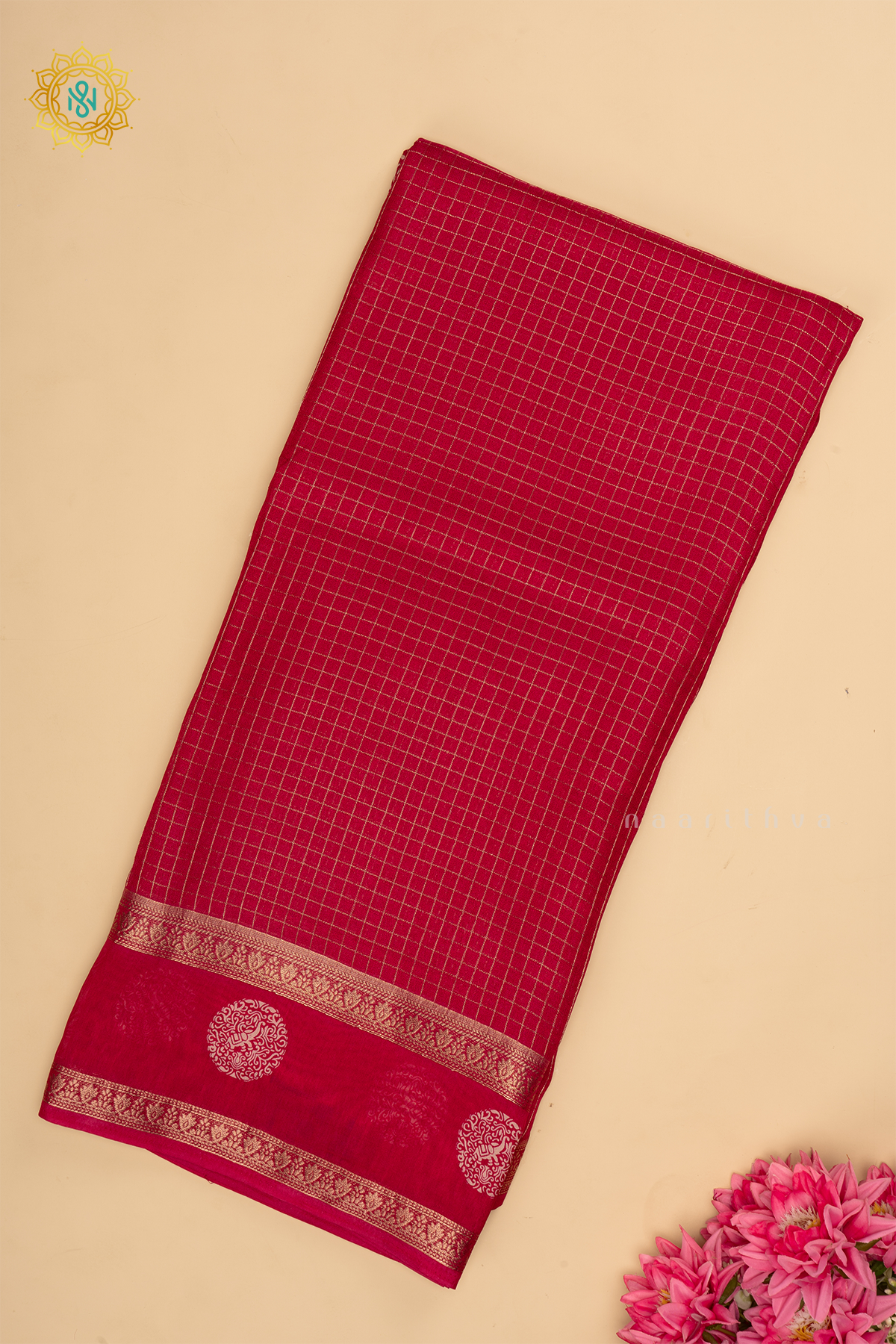 Pink - Semi Georgette Saree with Zari Checks Body and Zari Border