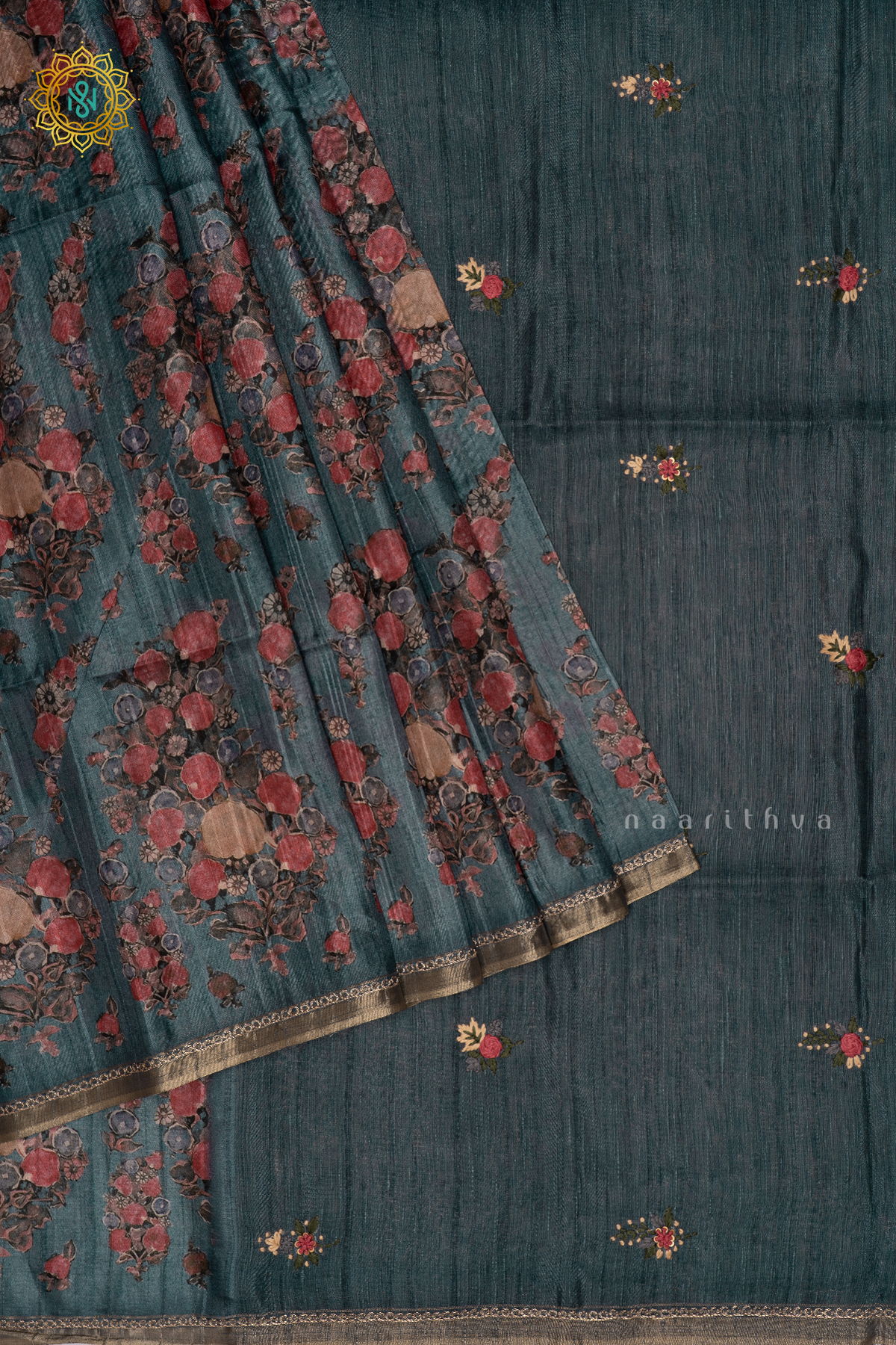 PEACOCK BLUE - KOTHA TUSSAR SAREE WITH PRINTED BODY, EMBROIDERY WOVEN BUTTAS AND AARI WORK BORDER
