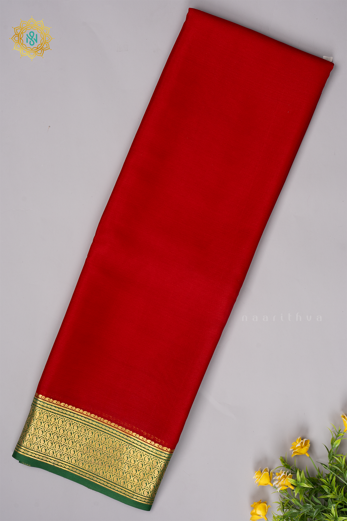 RED WITH GREEN - PURE MYSORE CREPE SILK