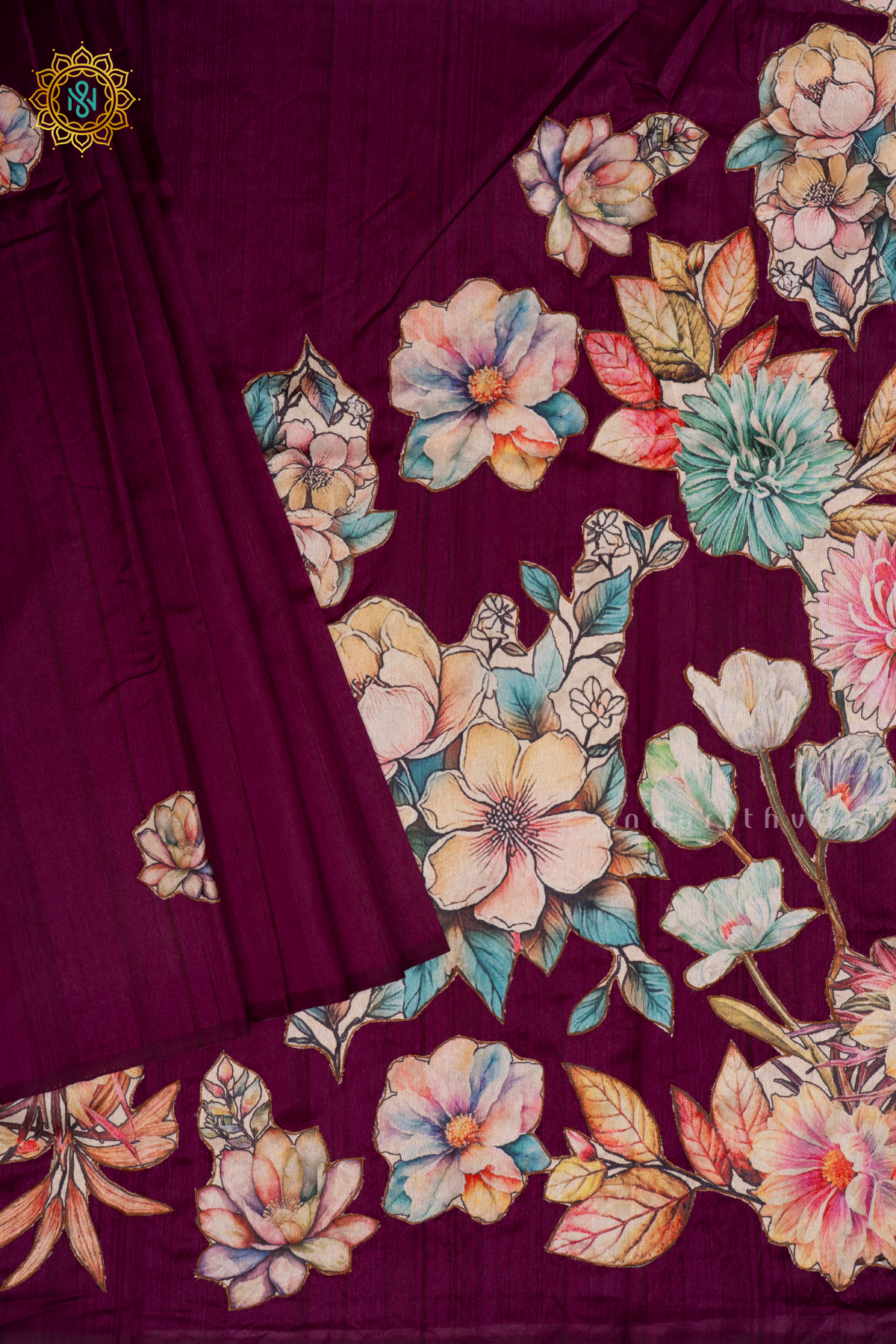 WINE - SEMI TUSSAR SILK WITH APPLIQUE WORK