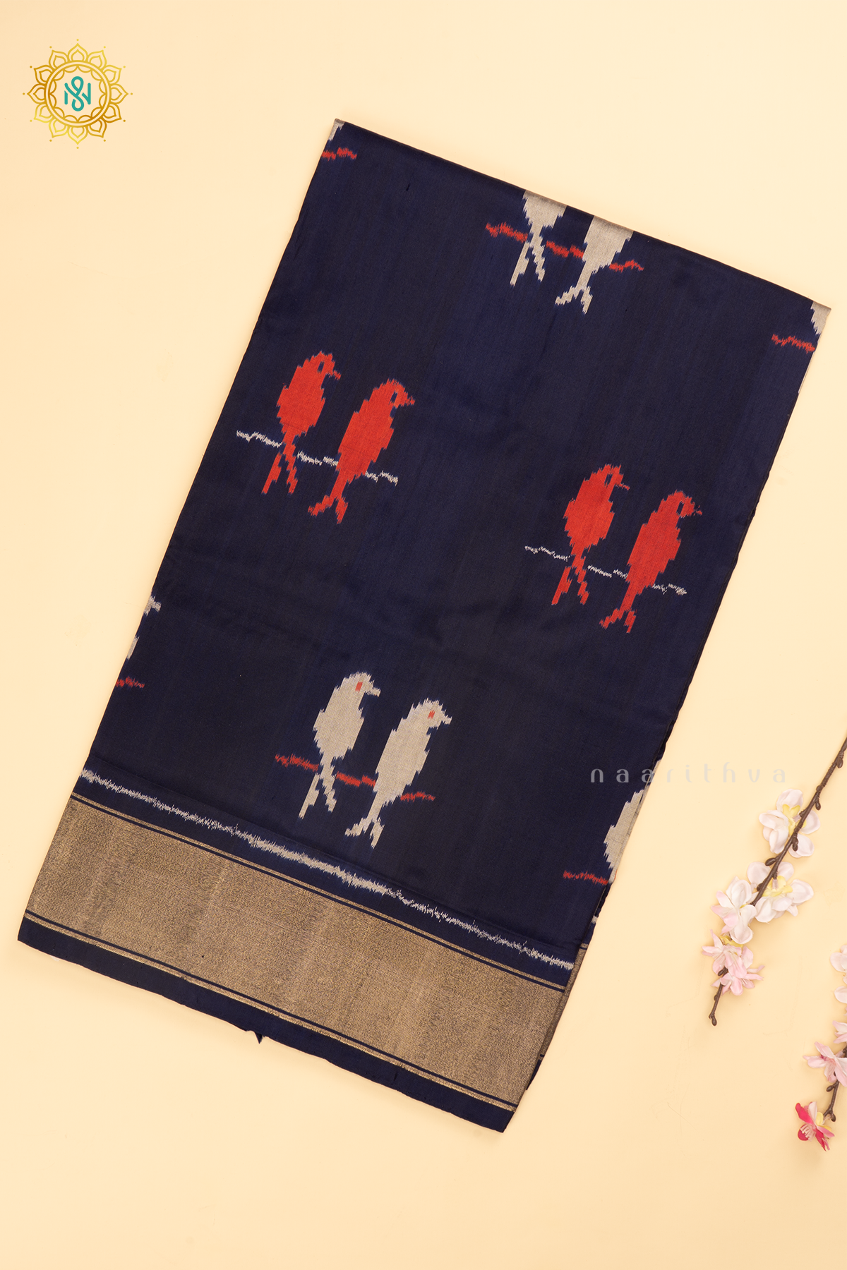 Navy Blue Ikkat Pure Silk Saree with Patola Printed Body and Zari Border