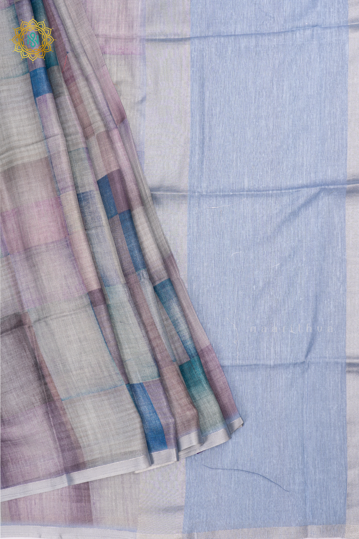 Blue Kota Tissue Saree With Printed Body And Zari Border