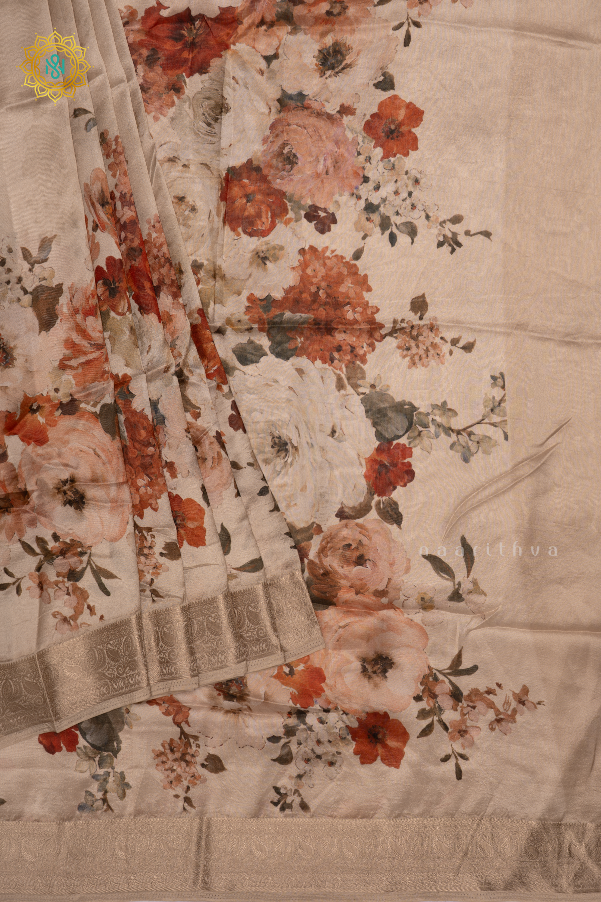 Light Peach  Organza Crepe Saree With Floral Prints On The Body And Zari Border