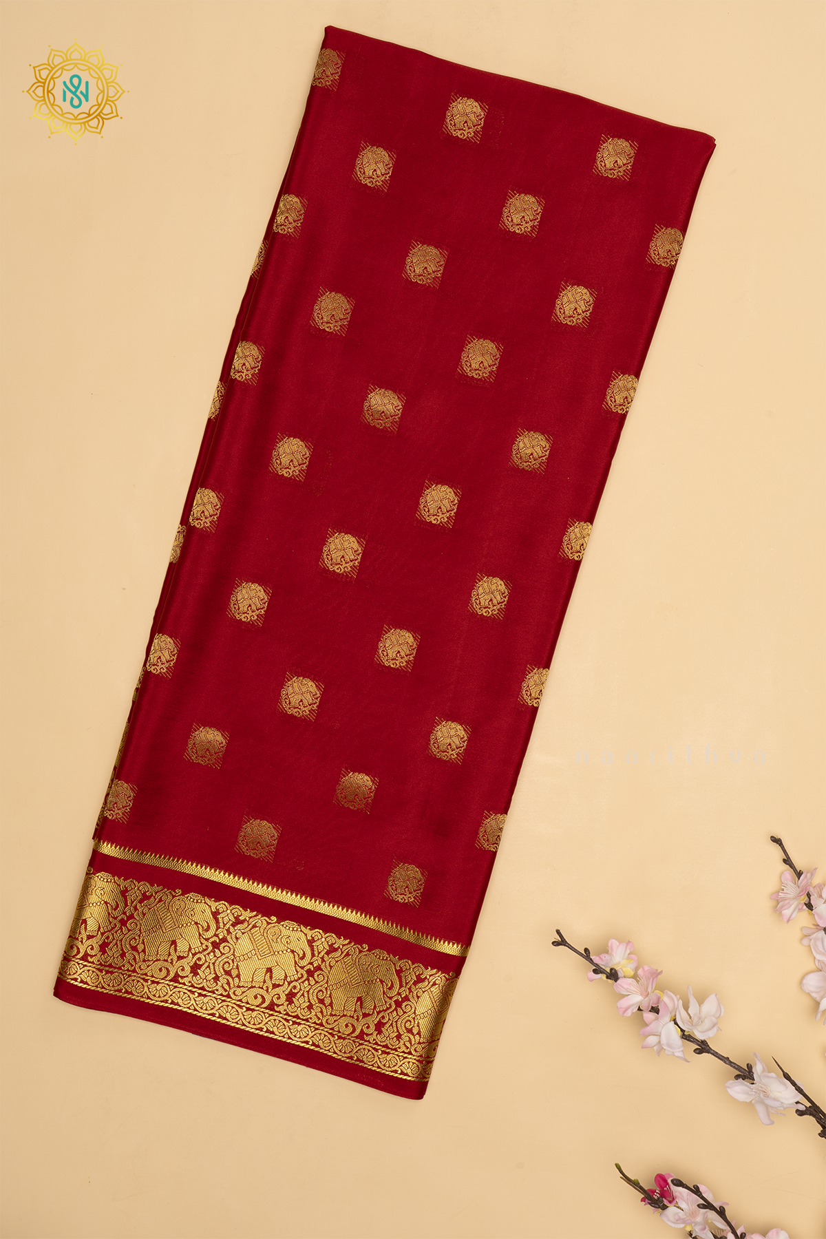 Red Pure Mysore Crepe Silk Saree With Zari Buttas On The Body and Zari Border