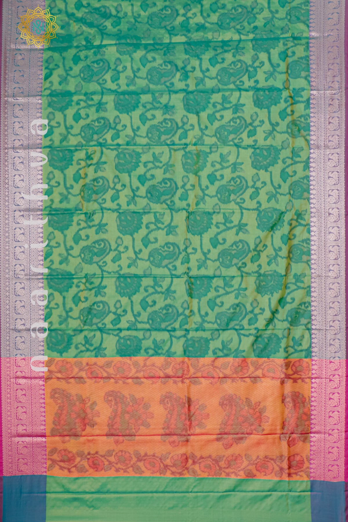 GREEN WITH ORANGE & PINK - SILK COTTON