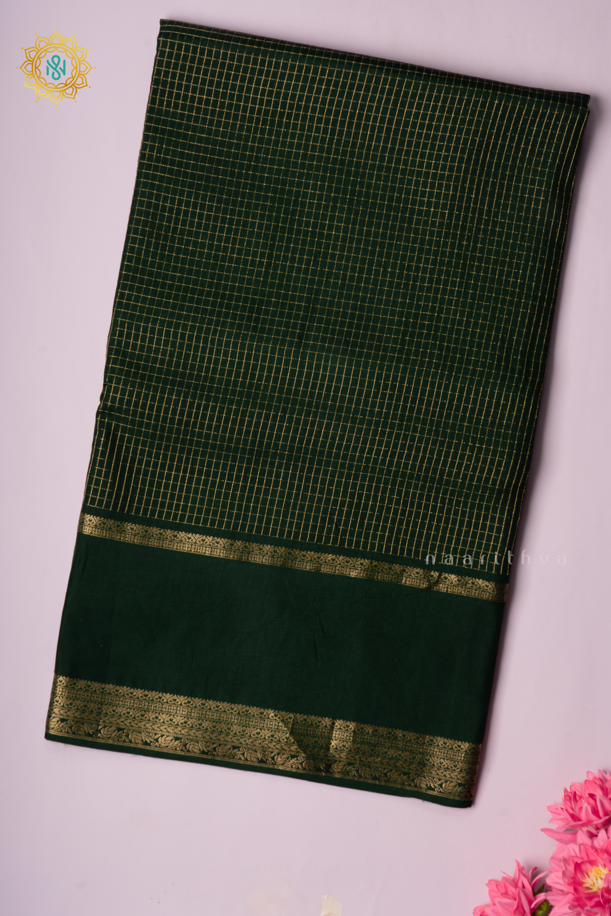 BOTTLE GREEN WITH RED - SEMI CREPE SILK