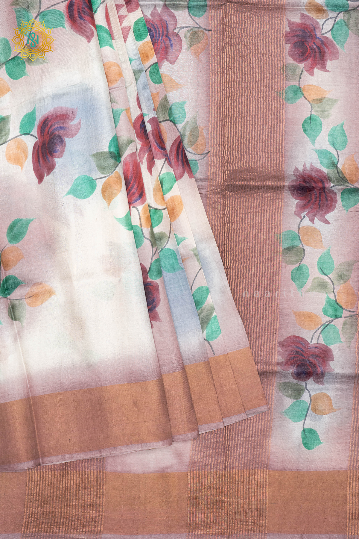 OFF WHITE WITH LIGHT BROWN - PURE TUSSAR SILK