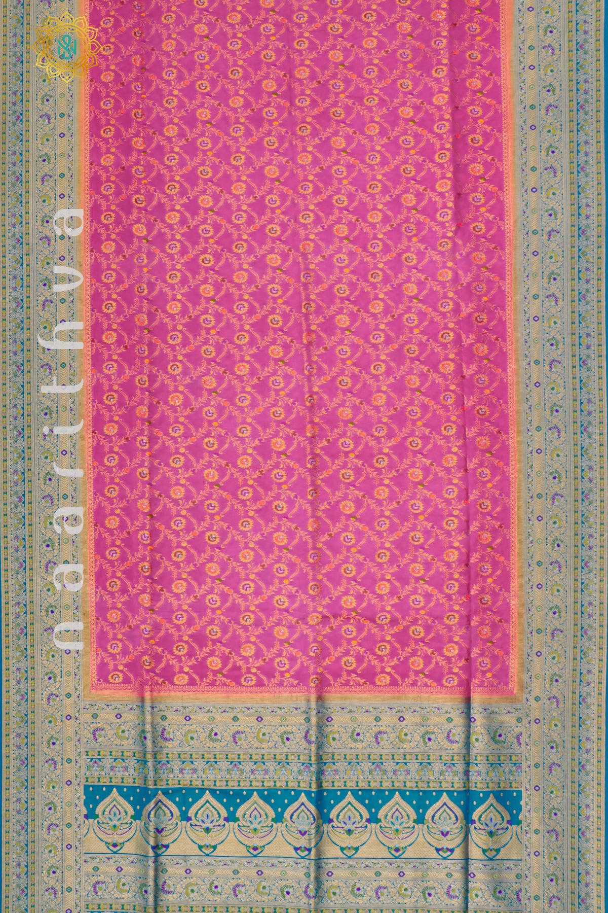 PINK WITH SKY BLUE - SEMI CREPE GEORGETTE