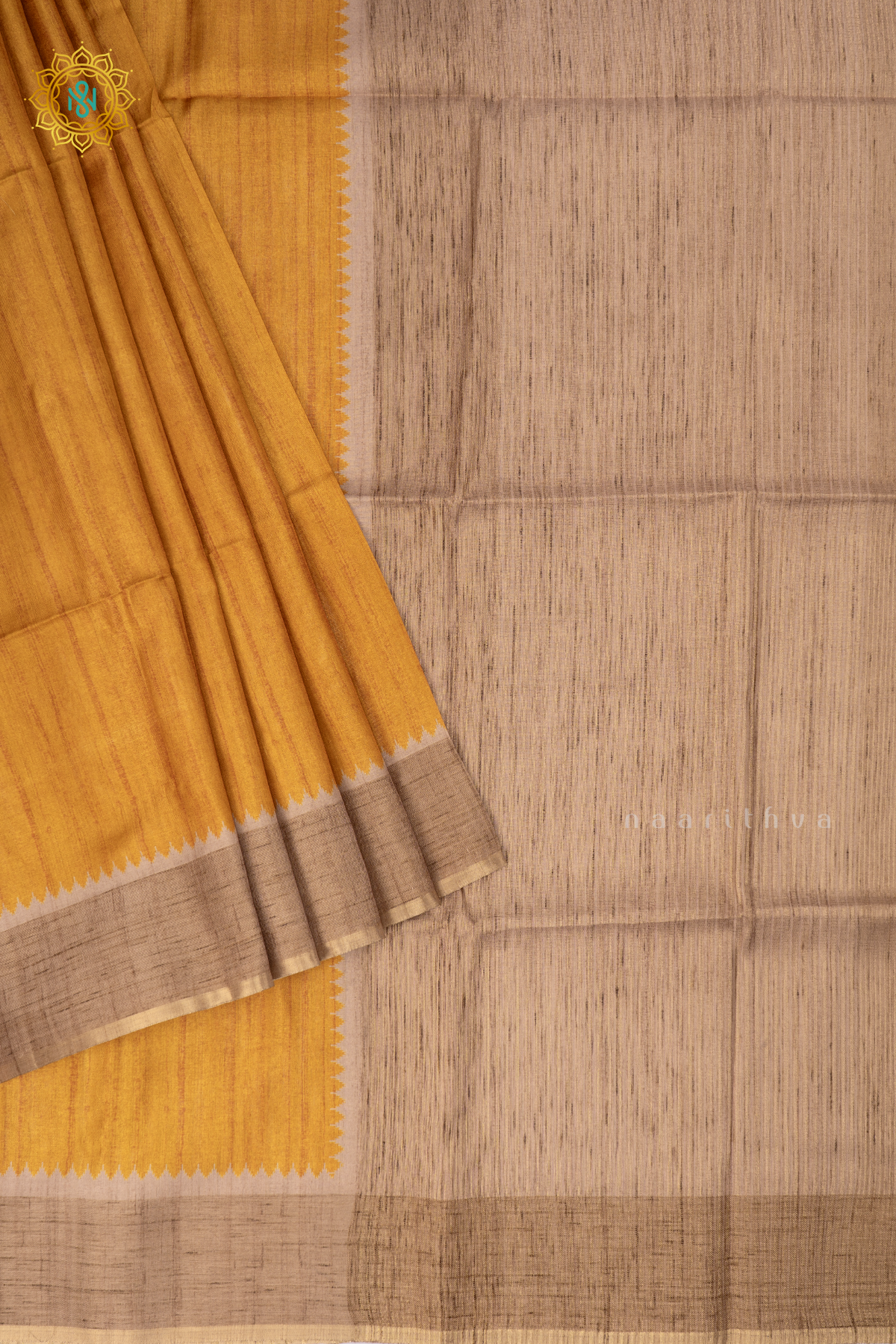 Yellow with Beige - Semi Tussar Silk saree Allover Plain Body with Contrast Border, Pallu and Blouse