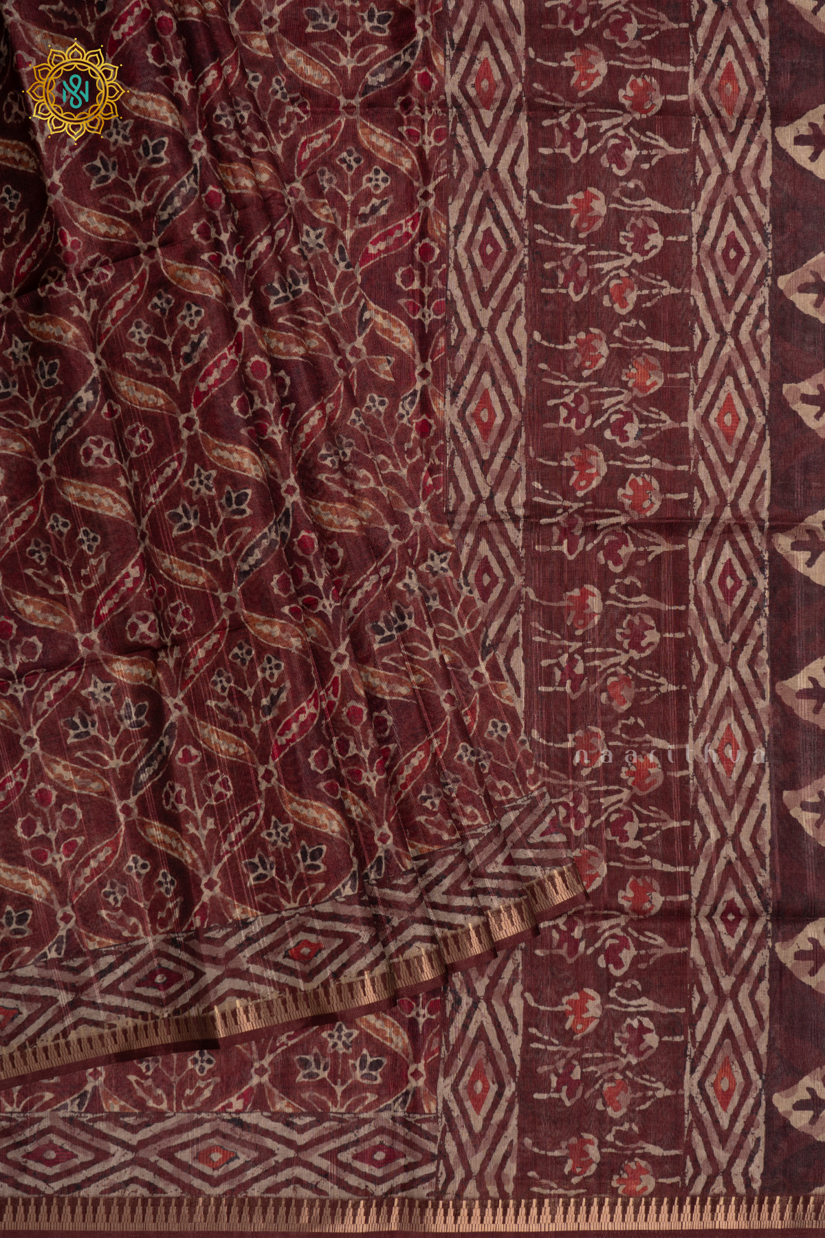 Brown Semi Tussar Silk Saree With Printed Body And Temple Rising Border