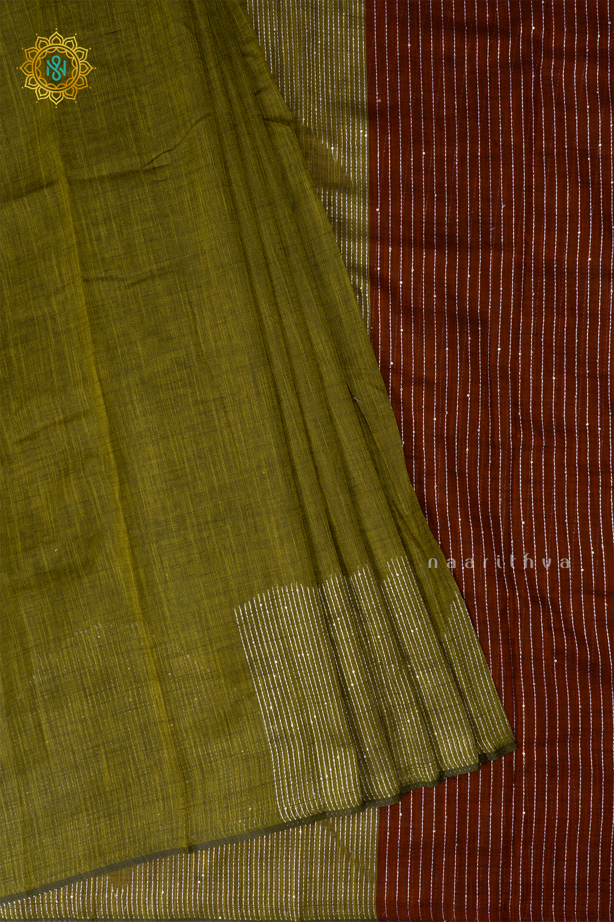 Parrot Green With Maroon Linen By Cotton Saree With Contrast Pallu & Blouse