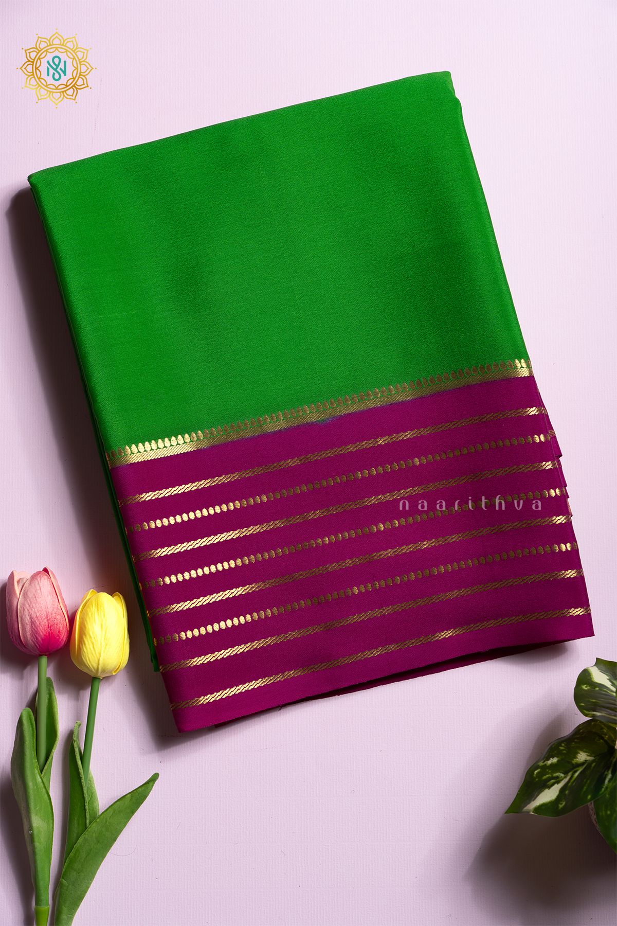 LIGHT GREEN WITH PINK - PURE MYSORE CREPE SILK